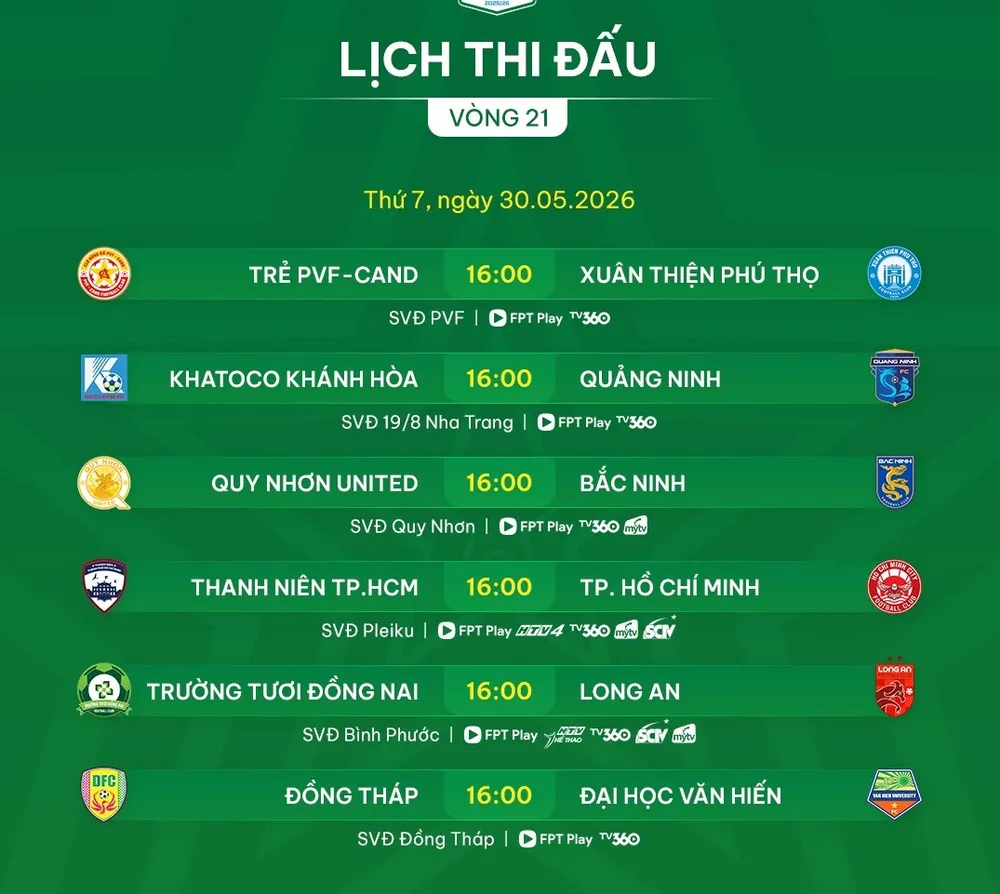 Lịch thi đấu vòng 21 giải hạng Nhất 2025-2026