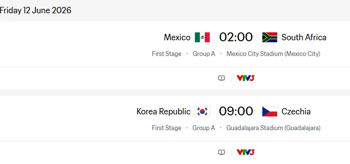 Lịch thi đấu World Cup 2026 (ngày 12-6)