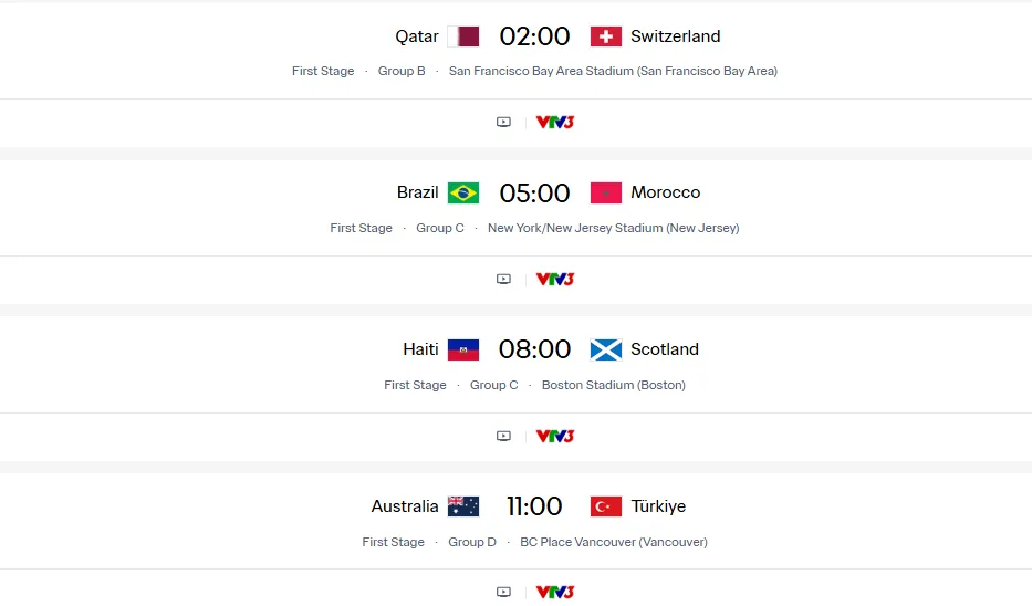 Lịch thi đấu World Cup 2026, ngày 14-6