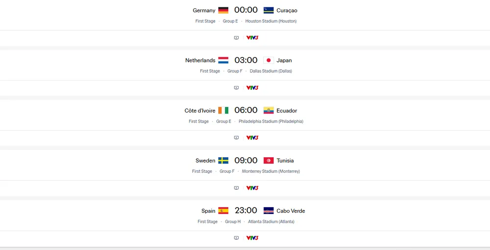 Lịch thi đấu Word Cup 2026 ngày 15-6