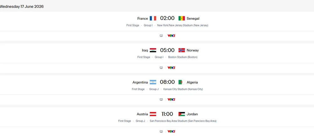 Lịch thi đấu ngày 17-6 World Cup 2026