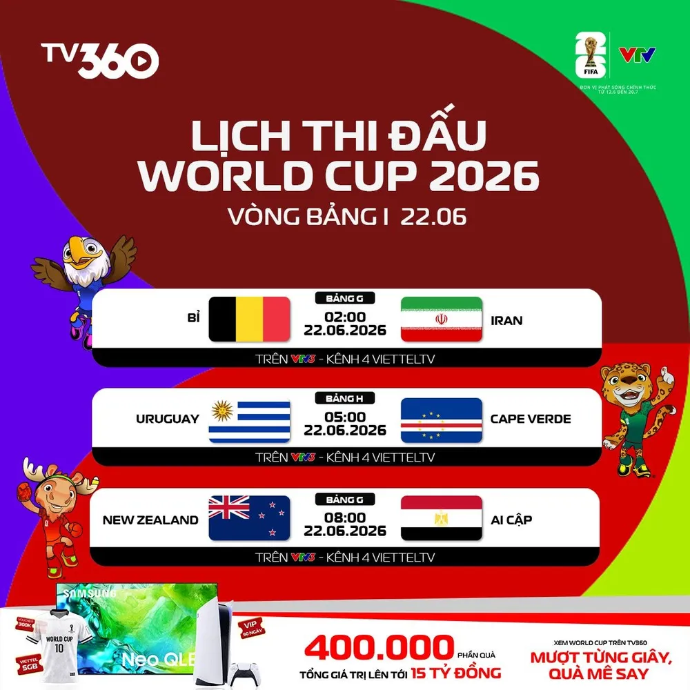 Lịch thi đấu ngày 22-6 World Cup 2026