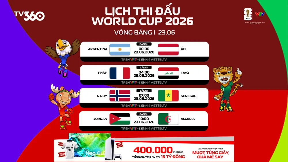 Lịch thi đấu ngày 23-6 World Cup 2026
