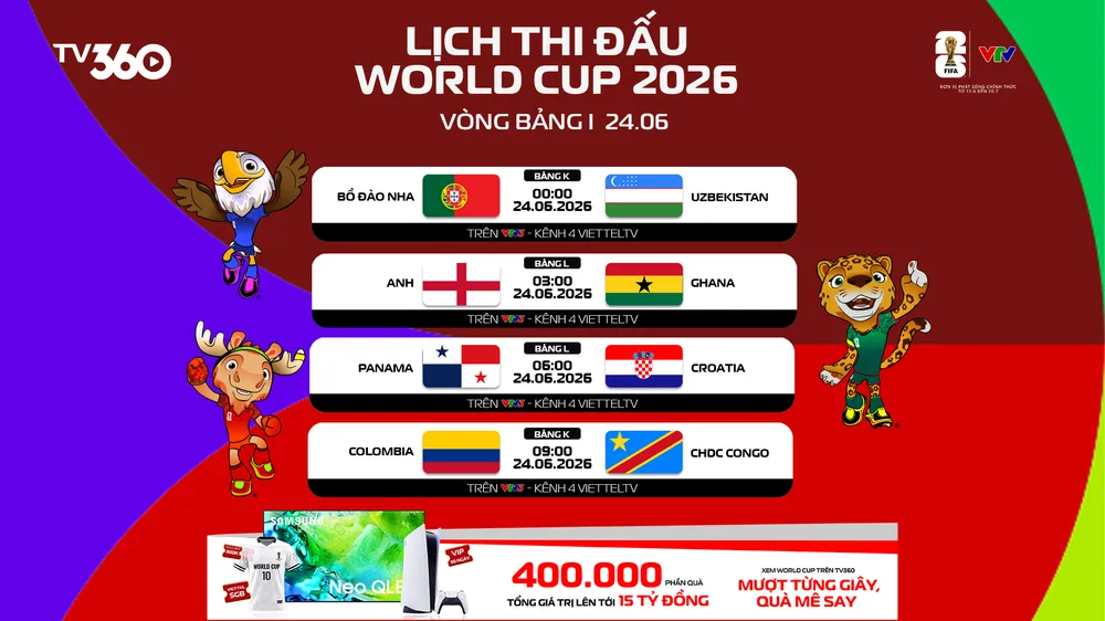 Lịch thi đấu ngày 24-6 World Cup 2026