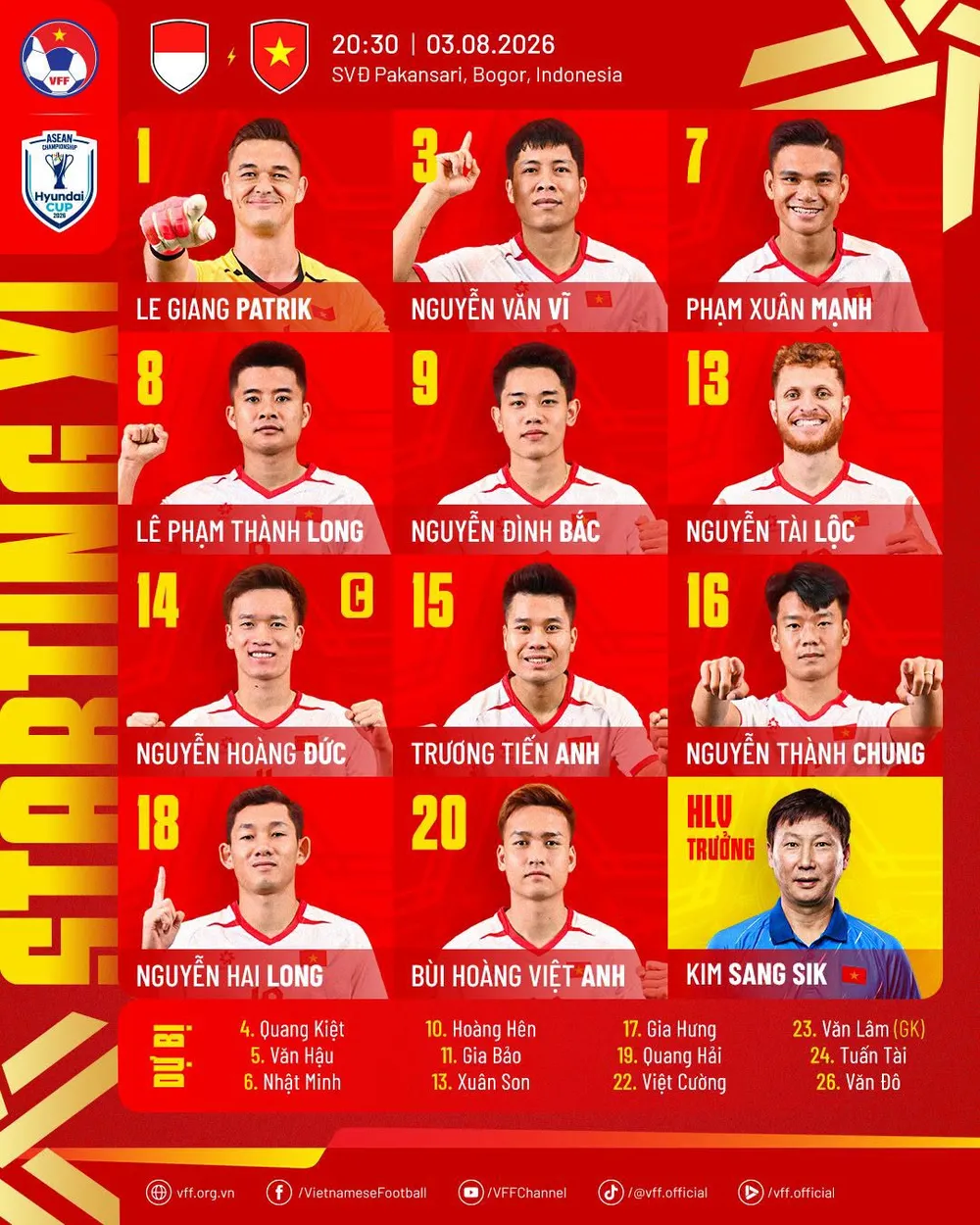 Đội hình xuất phát của đội tuyển Việt Nam.
