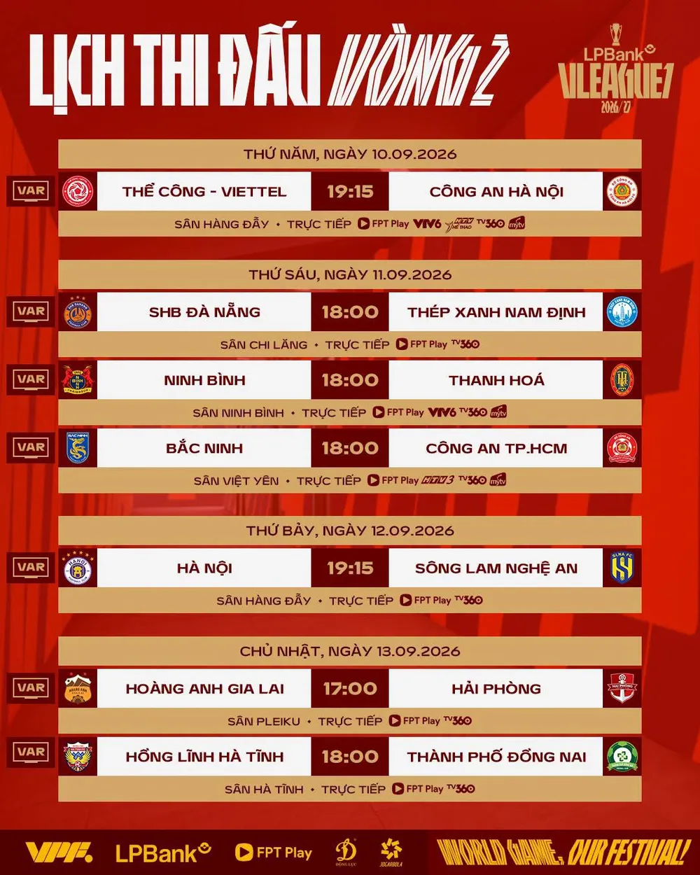 Lịch thi đấu vòng 2 V-League 2026-2027