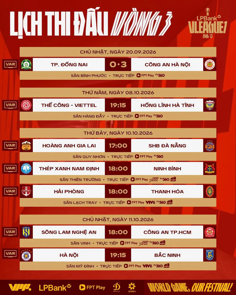 Lịch thi đấu vòng 3 V-League 2026-2027