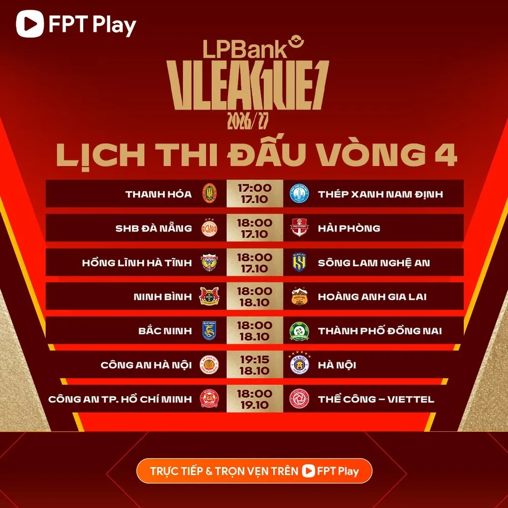 Lịch thi đấu vòng 4 V-League 2026-2027