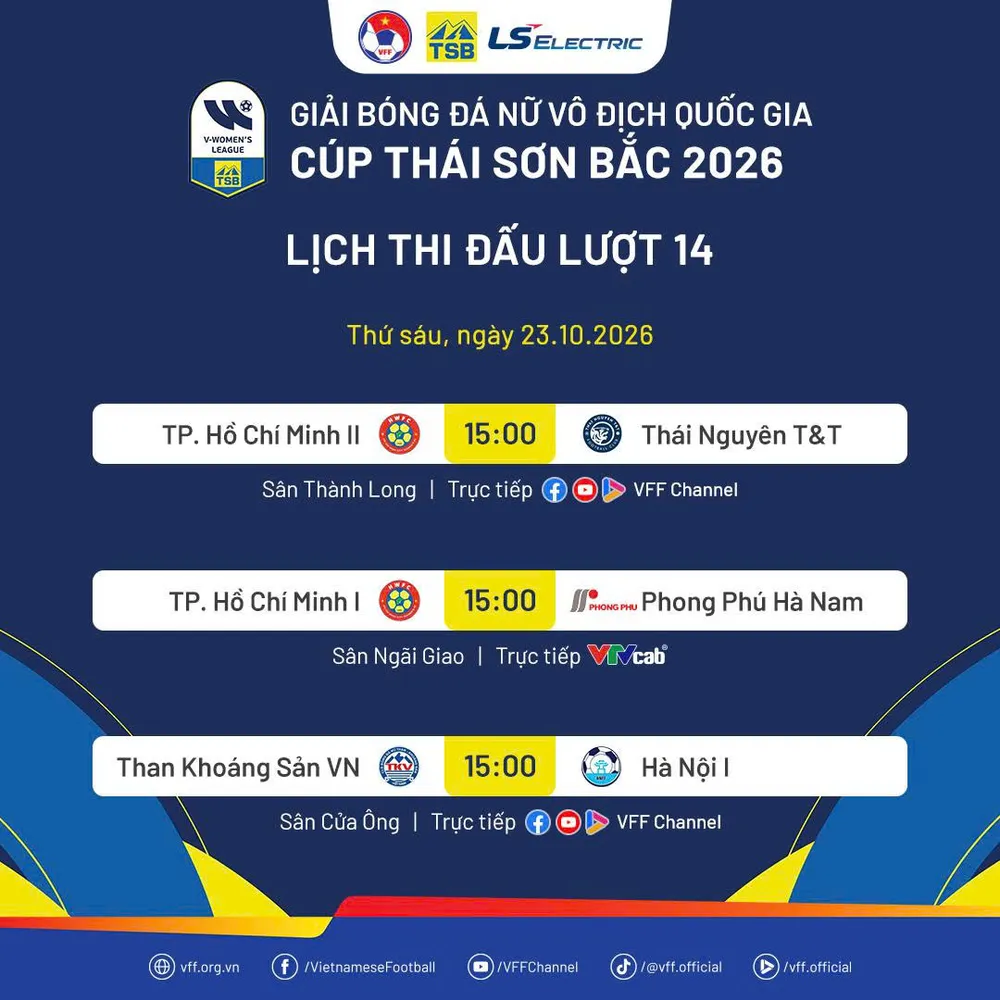 Lịch thi đấu lượt 14 giải bóng đá nữ VĐQG - Cúp Thái Sơn Bắc 2026