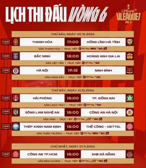 Lịch thi đấu vòng 6 V-League 2026-2027