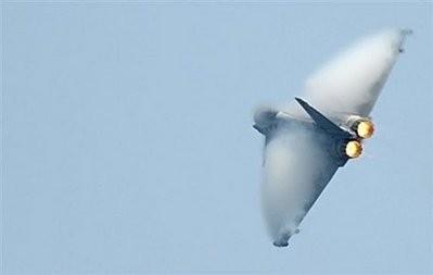 A Eurofighter takes part in an airshow in Vigo, northwestern Spain