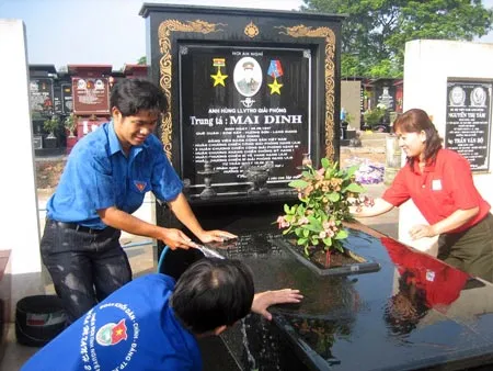 Đoàn viên, thanh niên khối Dân-Chính-Đảng chỉnh trang mộ liệt sĩ tại Nghĩa trang TPHCM. Ảnh: THẠCH THẢO
