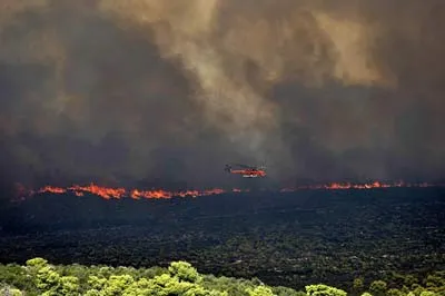 Khu vực làng Grammatiko, phía Bắc thủ đô Athens chìm trong đám cháy Ảnh: AFP
