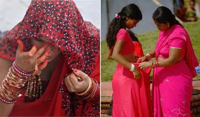 Cầu nguyện bên sông Bagmati (ảnh trái) và...mẹ giúp con gái mặc áo trước thánh đường Pashupati Nath ở Kathmandu