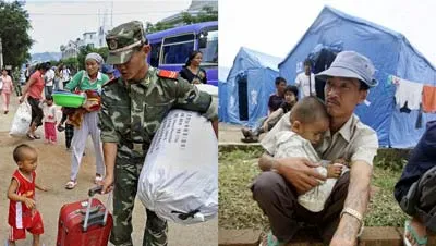 Binh sĩ Trung Quốc giúp đỡ người tị nạn ổn định nơi ở (trái) và hai cha con người Myanmar buồn bã ngồi trước căn lều tạm trú hôm 31-8.