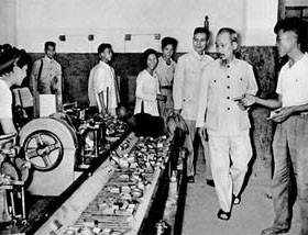 The file photo shows President Ho Chi Minh visiting the Thong Nhat Match Factory in Hanoi in 1956.
