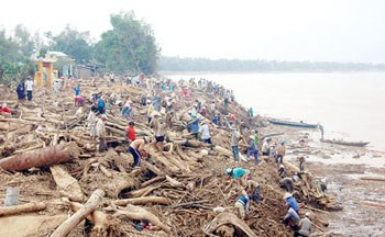 Residents collect wood after a flood hit the central region in 2009. Thanks to the Central Natural Disaster Relief Fund, more projects are being instigated to prevent and mitigate storm damage. (Photo: SGGP)