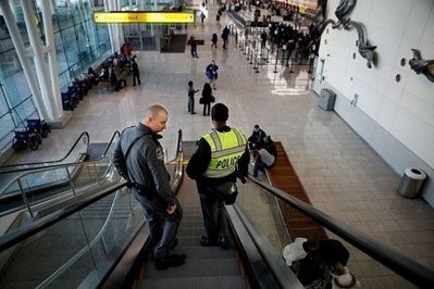 Maryland Transportation Authority Police patrol the terminal at Baltimore Washington International Airport in Baltimore, Maryland. (AFP Photo)