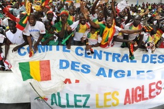 Malian fans celebrate a 4:4 tie during the opening match of African Cup of Nations football championships between Angola and Mali at the November 11 stadium in the Angolan capital Luanda on January 10, 2010. AFP PHOTO