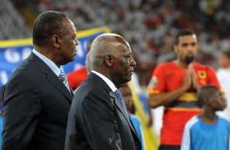 Angolan President Jose Eduardo dos Santos (R) and African Confederation Association (CAF) president Issa Hayatou open the first match of the African Cup of Nations football championships CAN2010, between Angola and Mali, at November 11 stadium in Angola's capital Luanda on January 10, 2010. AFP Photo