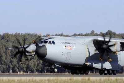 The Airbus A400M military transporter lands after its first test flight in Seville, 2009.