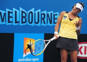 Japanese tennis player Kimiko Date-Krumm gestures during her women's singles match against Kazakhstan opponent Yaroslava Shvedova on the third day of play at the Australian Open tennis tournament in Melbourne on January 20, 2010. AFP photo