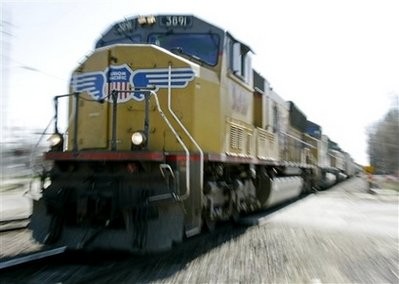 FILE - In this April 22, 2008 file photo, a Union Pacific train travels through Council Bluffs, Iowa.
