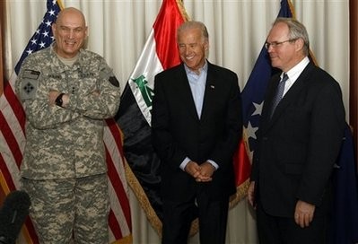 U.S. Vice President Joseph Biden, center, poses for a photo with Gen. Raymond Odierno, the top U.S. commander in Iraq, left, U.S. Ambassador to Iraq Christopher Hill, right, in Baghdad, Iraq, Friday, Jan. 22, 2010.