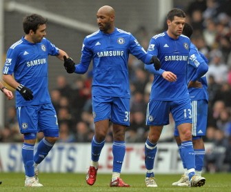 Nicolas Anelka (2nd L) celebrates scoring the opening goal during the FA Cup fourth round football match between Preston North End and Chelsea at Deepdale Stadium, Preston, England, on January 23, 2010. AFP PHOTO