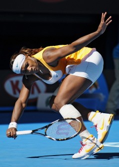 Serena hits a return against Victoria Azarenka of Belarus in their women's singles quarter-final match on day 10 of the Australian Open tennis tournament in Melbourne on January 27, 2010. AFP photo