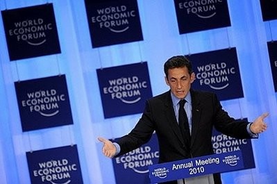 French President Nicolas Sarkozy adresses the assembly on the opening day of the World Economic Forum.