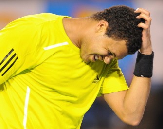 Tsonga gestures during his quarter-final men's singles match against Serbian opponent Novak Djokovic on the tenth day of play at the Australian Open tennis tournament in Melbourne on January 27, 2010. AFP photo