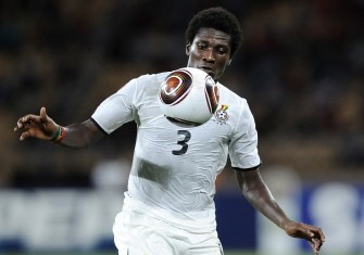 Gyan of Ghana eyes a ball during the semifinal match between Ghana and Nigeria during African Cup of Nations football championships CAN2010 at November 11 stadium in Luanda on January 28,2010. Ghana won 1-0. AFP Photo