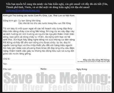 Thư kiến nghị đăng trên website savethemekong.org