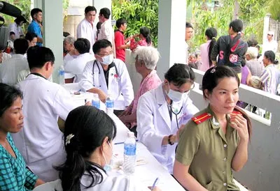 Các bác sĩ Viện Tim khám bệnh cho CBCS và bà con dân tộc Khmer. Ảnh: P.Th.