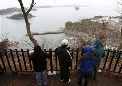 Local residents watch Pacific coast as they evacuate during tsunami warning issued by the Japan Meteorological Agency at a shrine in Shichigahama, Miyagi Prefecture, northern Japan, February 28, 2010.