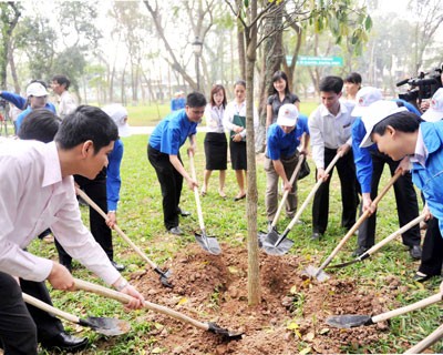Hanoi youth plant trees at the Thong Nhat Park in the capital on February 28, kicking off this year’s Youth Month