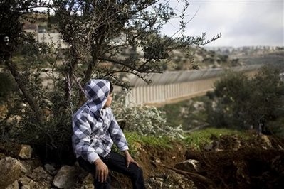 A Palestinian protester is seen attached to an olive tree with a chain during a protest against Israel's separation barrier in the West Bank village of Beit Jalla, near Bethlehem, Thursday, March 4, 2010.