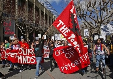 Student protestors march on the University of California at Berkeley campus Thursday, March 4, 2010, in Berkeley, Calif