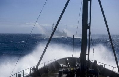 This December 14 photo released by the Sea Shepherd Society shows the Sea Shepherd's M/Y Steve Irwin (foreground) chasing the Japanese harpoon vessel Shonan Maru No 2 in a high speed pursuit in the seas off Antarctica.