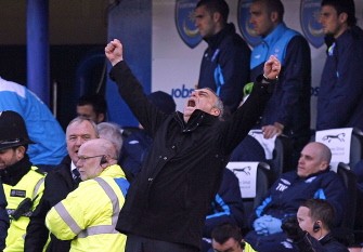 Avram Grant celebrates on the final whistle after their 2-0 victory in the FA Cup Quarter Final football match between Portsmouth and Birmingham City at Fratton Park in Portsmouth, on March 6, 2010. AFP PHOTO