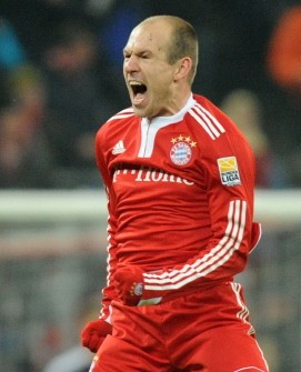 Arjen Robben celebrates scoring during the Bundesliga football match FC Bayern Munich vs SC Freiburg on March 13, 2010 in Munich. AFP PHOTO
