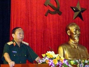 Lieut. Gen. Nguyen Tuan Dung, Vice Chairman of the General Political Department of the Vietnam People’s Army, speaks at the press conference in Hanoi last week.