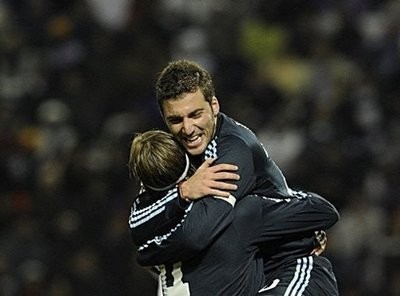 Gonzalo Higuain (top) celebrates his third goal with teammate Sergi Ramos during their Spanish league match at the Jose Zorrilla Stadium in Valladolid. Real won 4-1. AFP photo