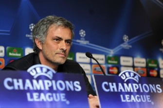Jose Mourinho gives a press conference at Stanford Bridge Stadium on March 15, 2010, ahead of their UEFA Champions League football match against Chelsea FC on March 16, 2010. AFP PHOTO