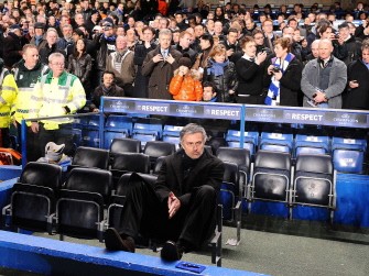 Jose Mourinho is pictured before their second leg in the round of 16 UEFA Champions League match against Chelsea at home to Chelsea at Stamford Bridge football stadium, London on March 16, 2010. The match ended 1-0 to Inter Milan. AFP PHOTO
