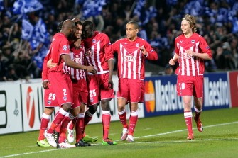 Bordeaux players celebrate after a goal during the Champions League cup football match Bordeaux versus Olympiakos, on March 17. AFP PHOTO