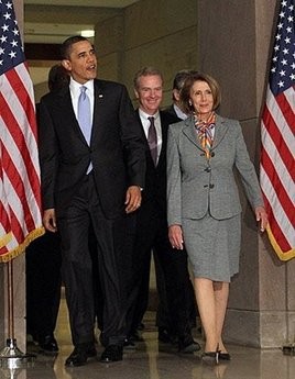 US President Barack Obama (L) and Speaker of The House Nancy Pelosi arrive for a meeting with House Democrats on Capitol Hill in Washington, DC.