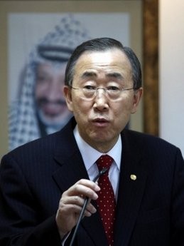 UN Secretary General Ban Ki-moon speaks during a joint press conference with Palestinian prime minister Salam Fayyad following talks in the West Bank city of Ramallah.