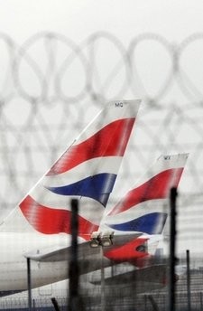 Grounded British Airways aircraft are parked at Heathrow Airport outside London.